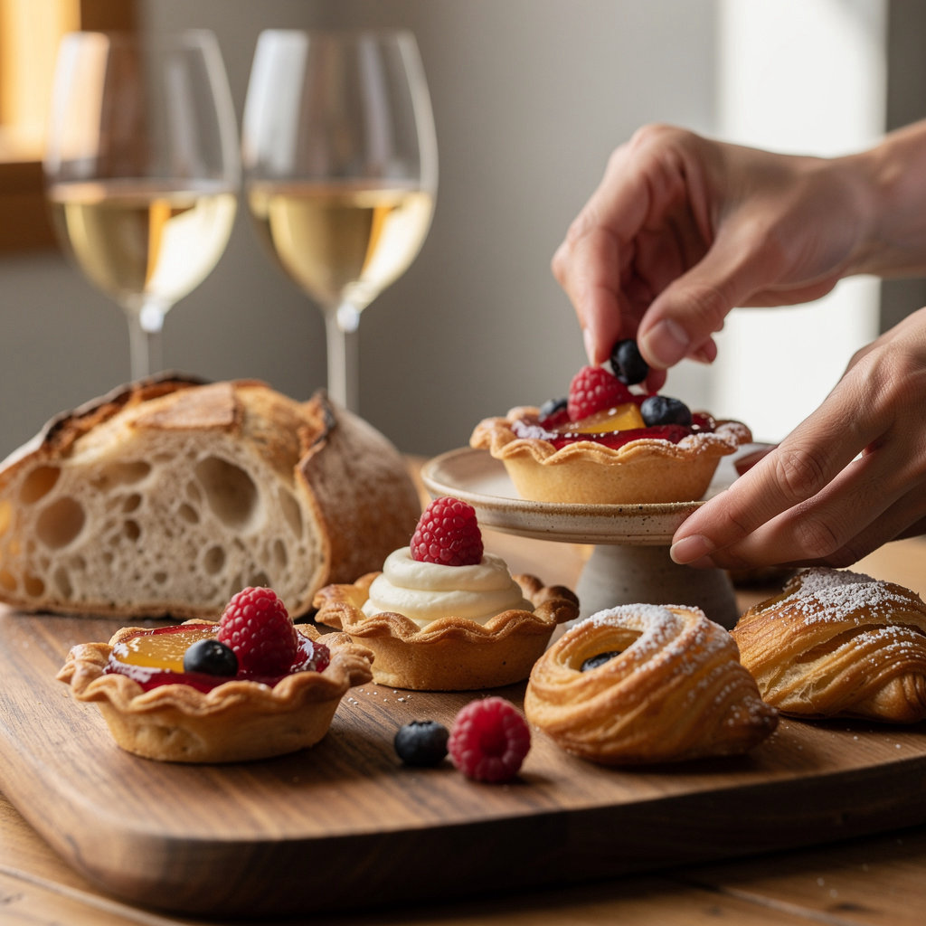 Flour & Vine Beaverton bakery display of fresh pastries, artisan bread, and wine pairing selection
