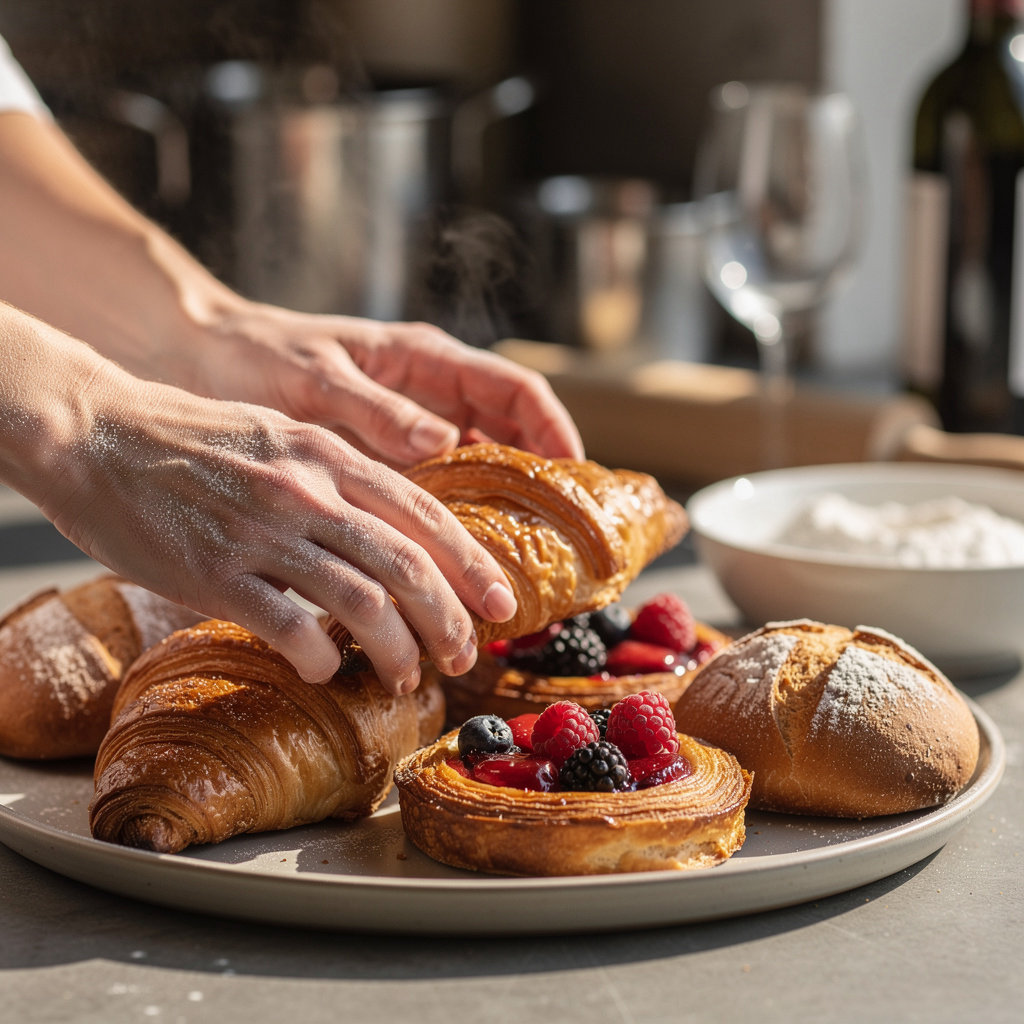 Flour & Vine Beaverton bakery display of fresh croissants, muffins, and danishes on a rustic wooden table